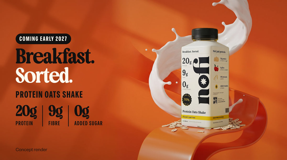 Breakfast. Sorted. Protein oats shake, coming early 2027. 20g protein, 9g fibre, 0g added sugar. Concept render of the bottle with oats and milk.