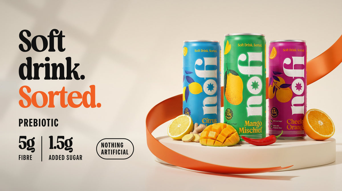 Soft drink. Sorted. Prebiotic. 5g fibre, 1.5g added sugar, nothing artificial. Citrus Alarm, Mango Mischief and Cheeky Orange cans with lemon, ginger, mango, chilli and orange.