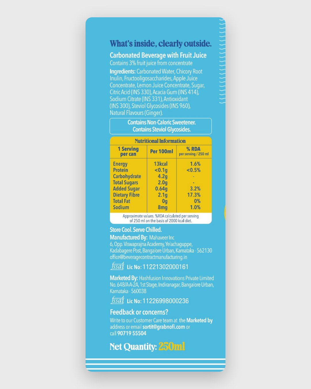 Citrus Alarm back label: ingredients and nutrition
