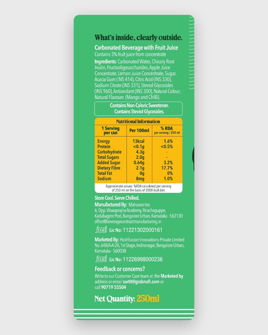 Mango Mischief back label: ingredients and nutrition